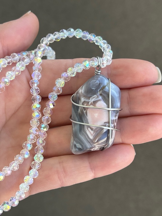 beads&bellbottoms Jewelry - African Agate Necklace Stainless Steel Wire Wrap on White AB Glass Beads